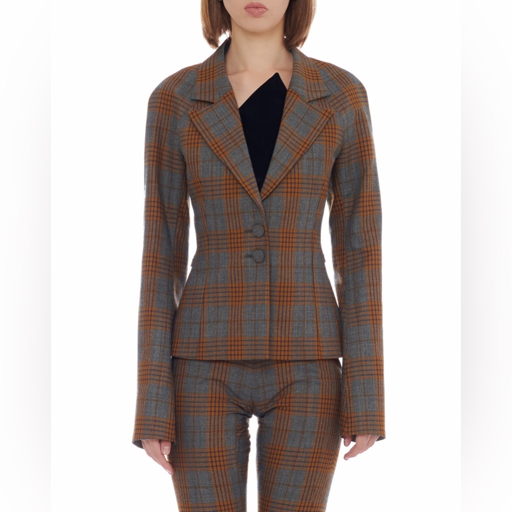 Charlotte knowles Gray and Brown Plaid Women's Wool Blazer